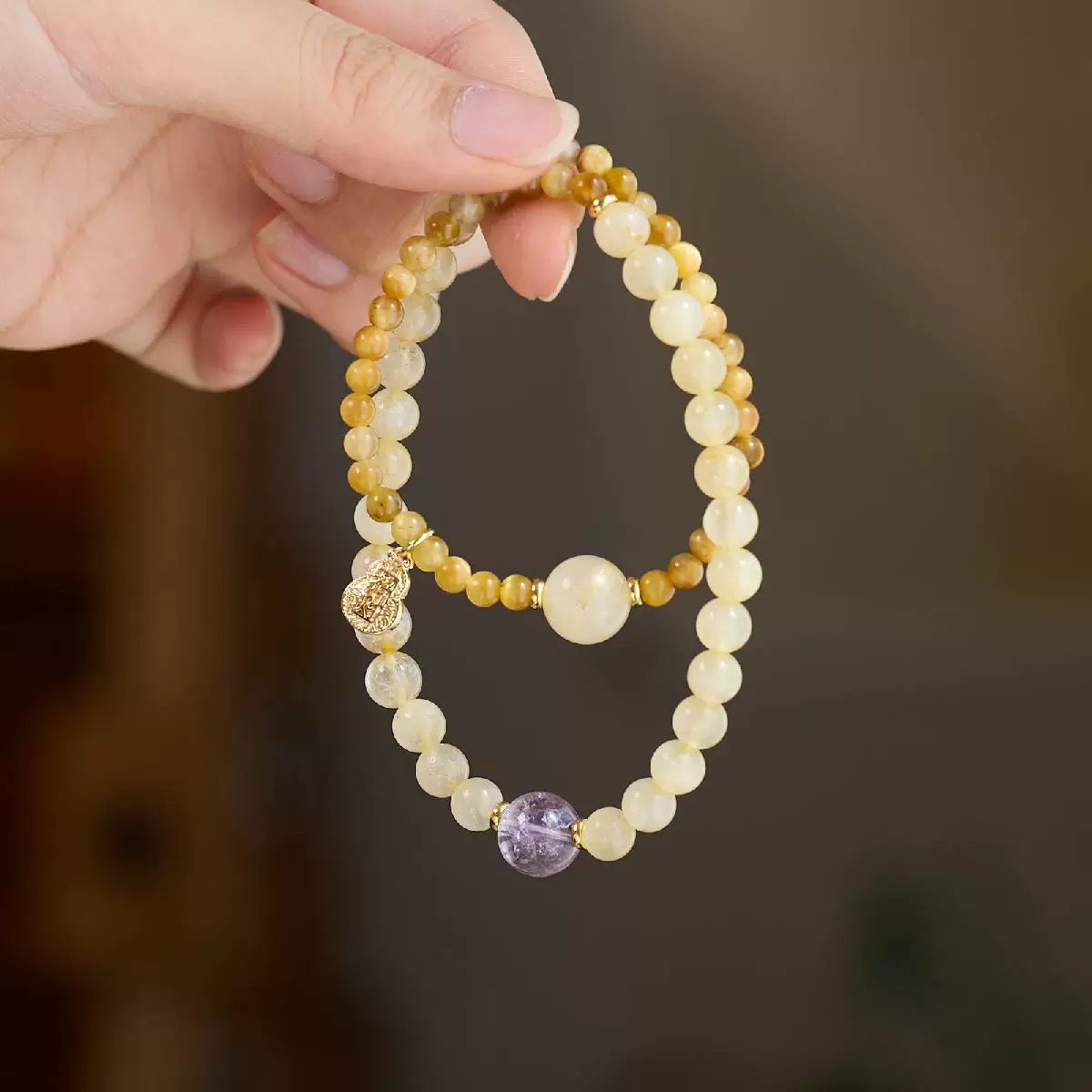 Gold Rutilated Quartz Tiger Eye Amethyst Double Wrap Bracelet
