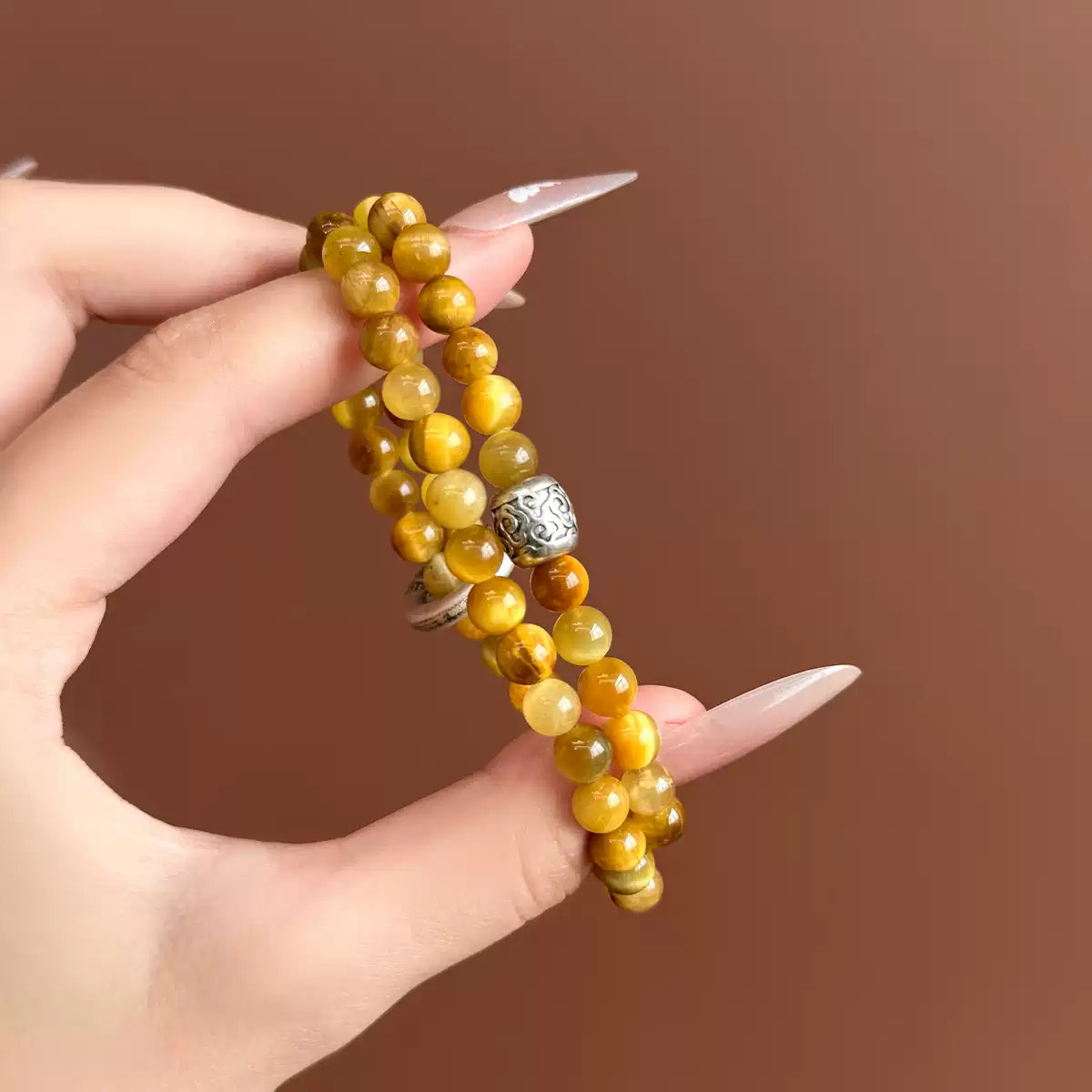 6mm Gold Tiger's Eye 2-Wrap Bracelet | Tibetan Silver Spacer