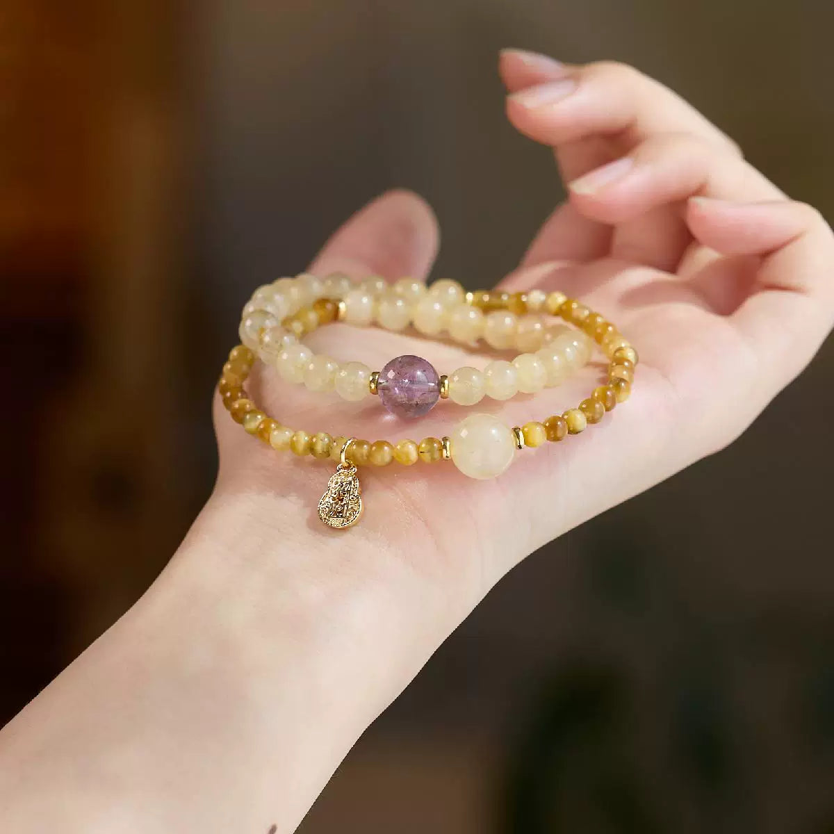 Gold Rutilated Quartz Tiger Eye Amethyst Double Wrap Bracelet