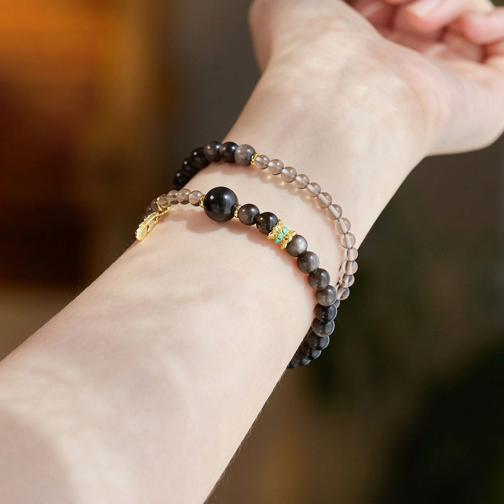 Ice & Silver Obsidian 2-Wrap Bracelet | Feather Charm