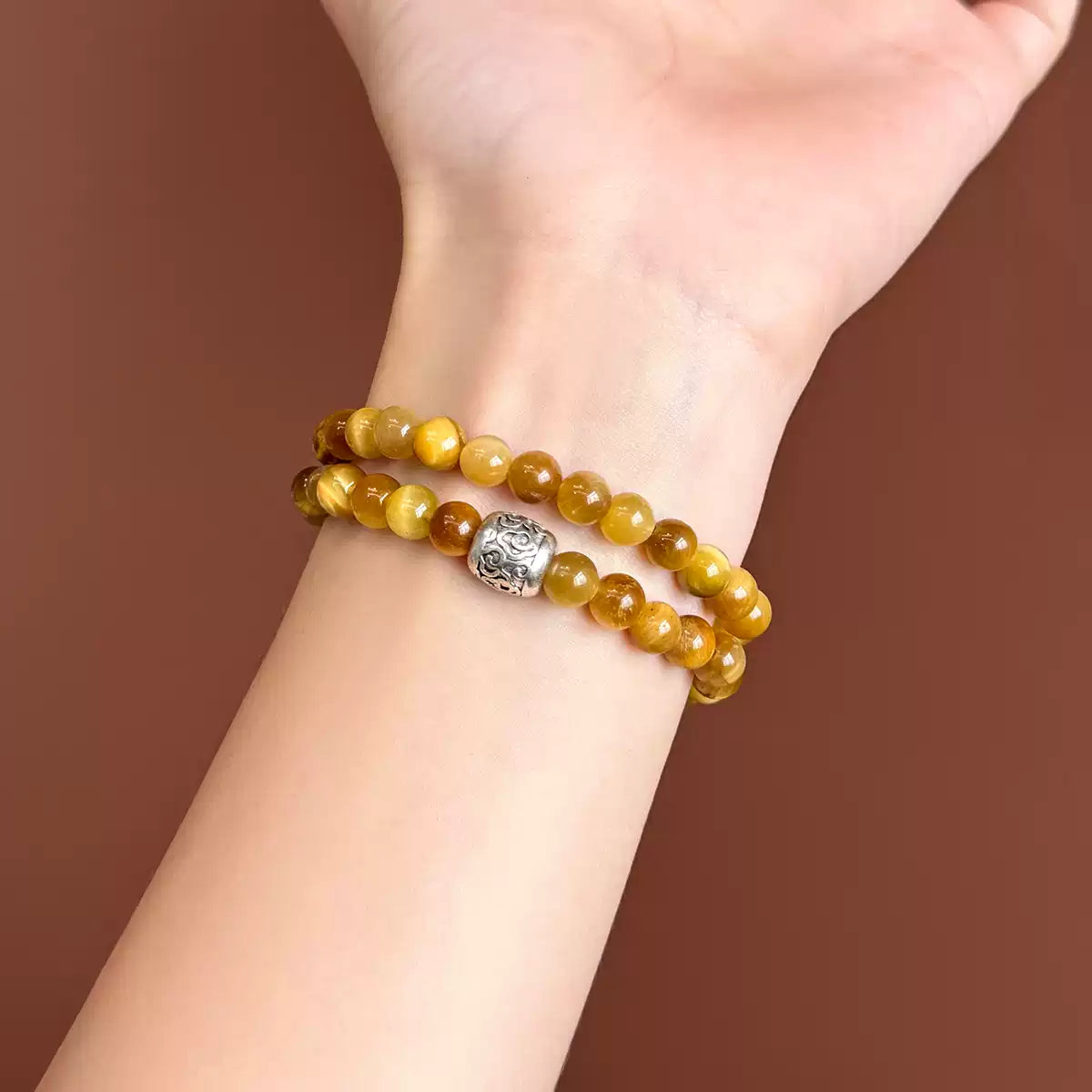 6mm Gold Tiger's Eye 2-Wrap Bracelet | Tibetan Silver Spacer