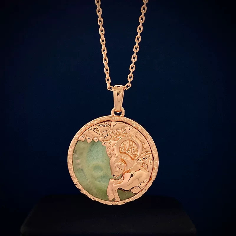 Capricorn Amazonite Disc Pendant Necklace in Copper Alloy