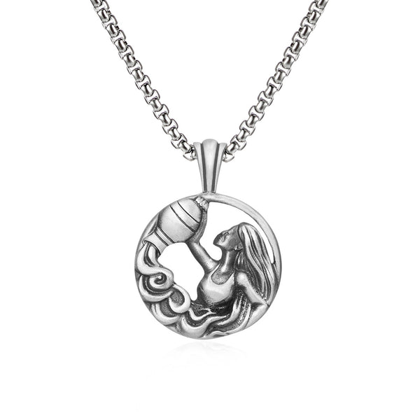 Aquarius Zodiac Sculpted Tin Water Bearer Pendant Necklace