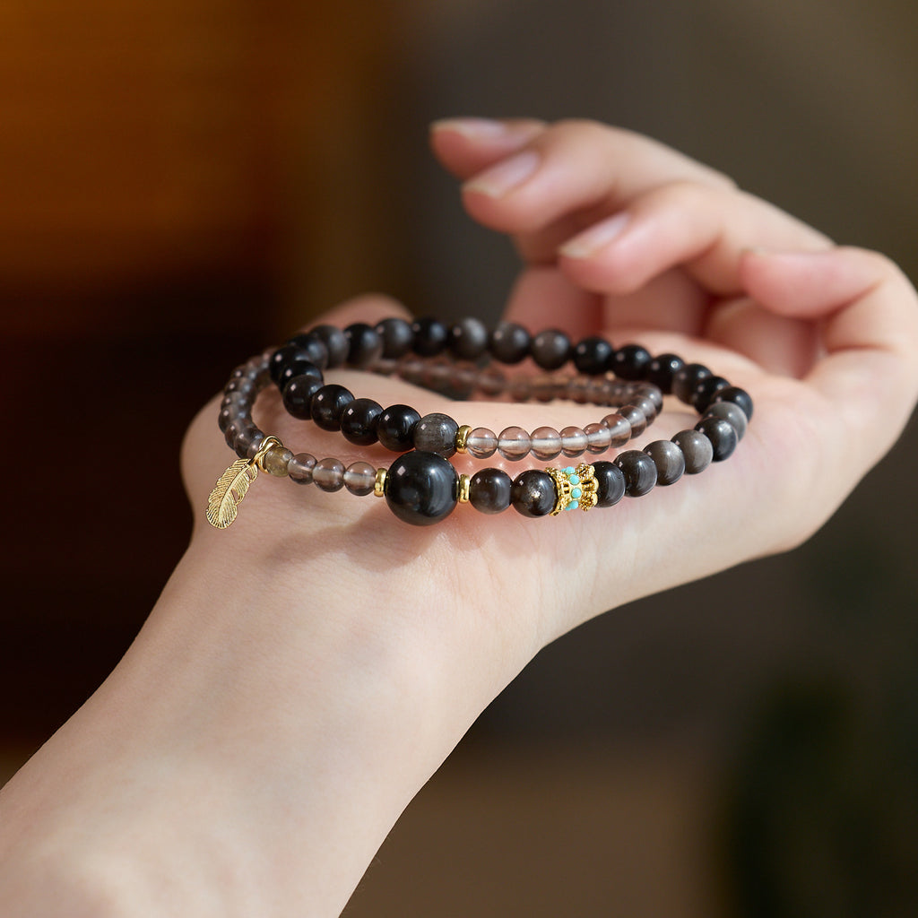 Ice & Silver Obsidian 2-Wrap Bracelet | Feather Charm